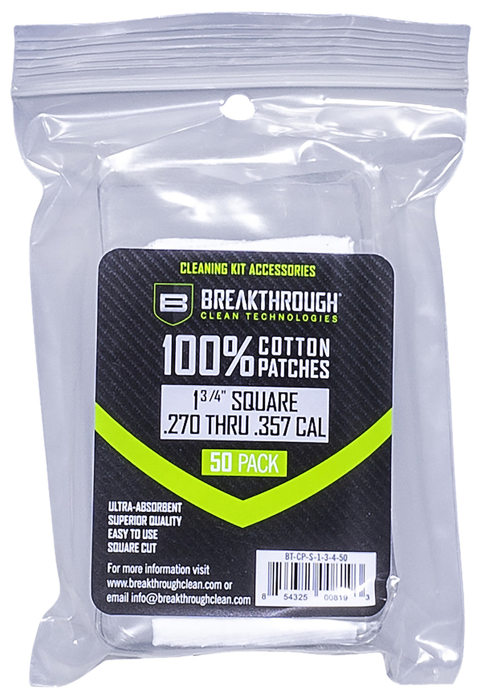 Breakthrough Clean BTCPS13450 Cotton Square Patches 270/357 Cal 1.75" 50 Pack