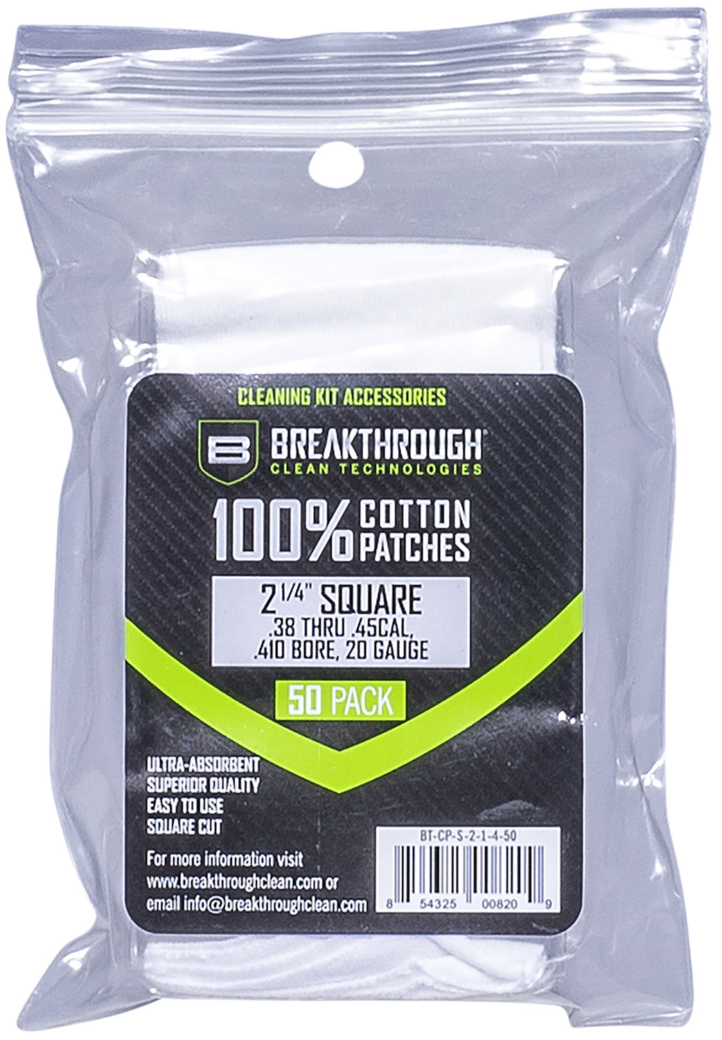 Breakthrough Clean BTCPS21450 Cotton Square Cleaning Patches .38-.45 Cal & .410-20 Gauge 2.25" 50 Pack
