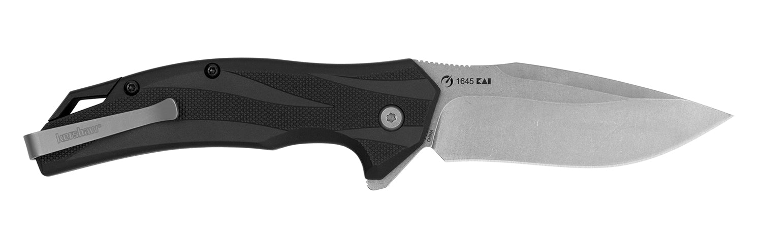 Kershaw 1645 Lateral Folding Drop Point Recurve Plain Stonewashed 8Cr13MoV Blade, Gray Textured Glass-Filled Nylon Handle with Pocket Clip