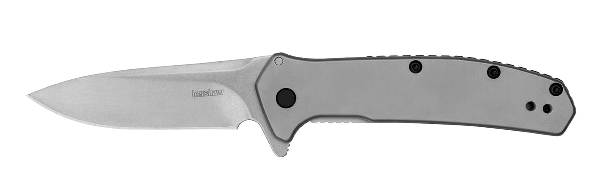 Kershaw Outcome 2.80" Folding Clip Point Plain Stonewashed 8Cr13MoV Blade, Bead Blasted Stainless Steel Handle with Pocket Clip