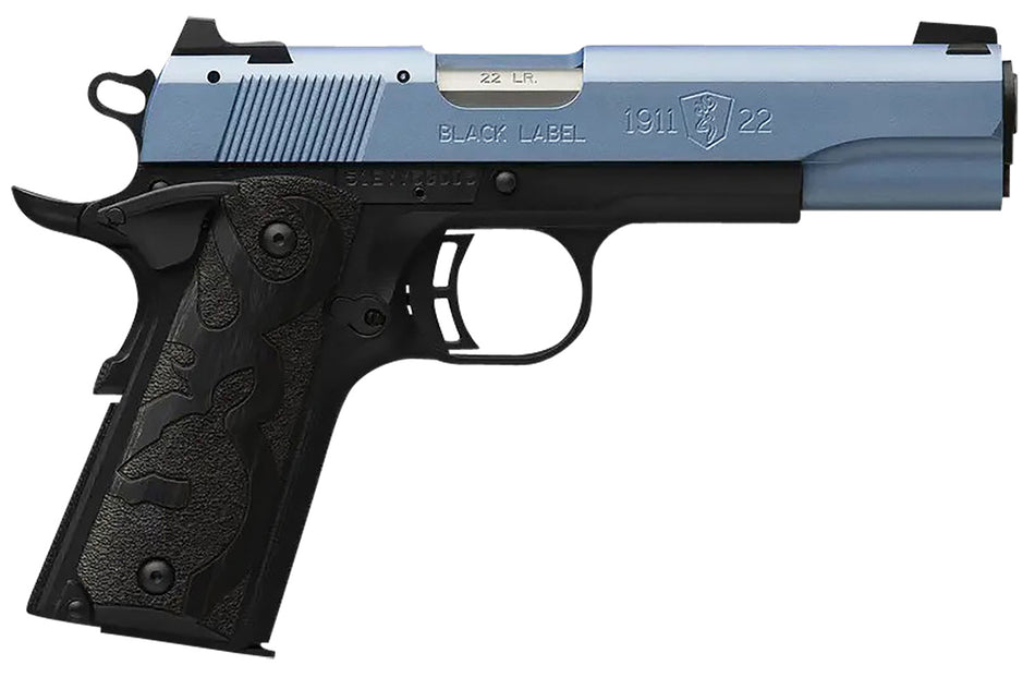 Browning 051897490 1911 Black Label Full Size Frame 22 LR 10+1, 4.25" Matte Stainless Steel Barrel, Polar Blue Cerakote Serrated Slide, Matte Black Polymer Frame w/Beavertail, Black Laminate Wood Grip