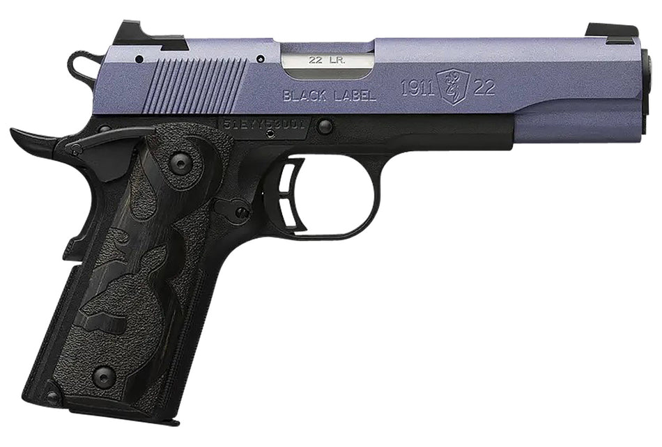 Browning 051893490 1911 Black Label Full Size Frame 22 LR 10+1, 4.25" Matte Stainless Steel Barrel, Crushed Orchid Cerakote Serrated Slide, Matte Black Polymer Frame w/Beavertail