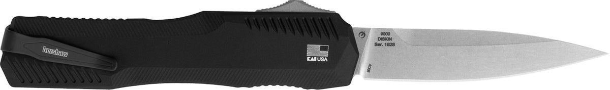 Kershaw 9000 Livewire 3.30" OTF Auto Spear Point Plain Stonewashed CPM 20V Blade, Textured Black Anodized Aluminum Handle with Pocket Clip
