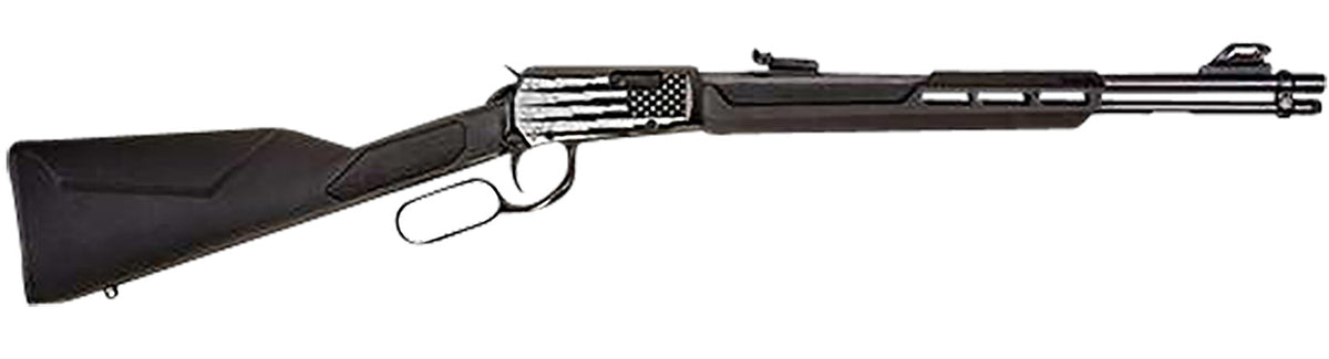 Rossi RL22W201SYEN18 Rio Bravo Full Size, Lever Action 22 WMR 12+1, 20" Polished Black Steel Barrel, Polished Black w/Lighting US Flag Engraving Steel Receiver, Black Fixed Stock, Right Hand