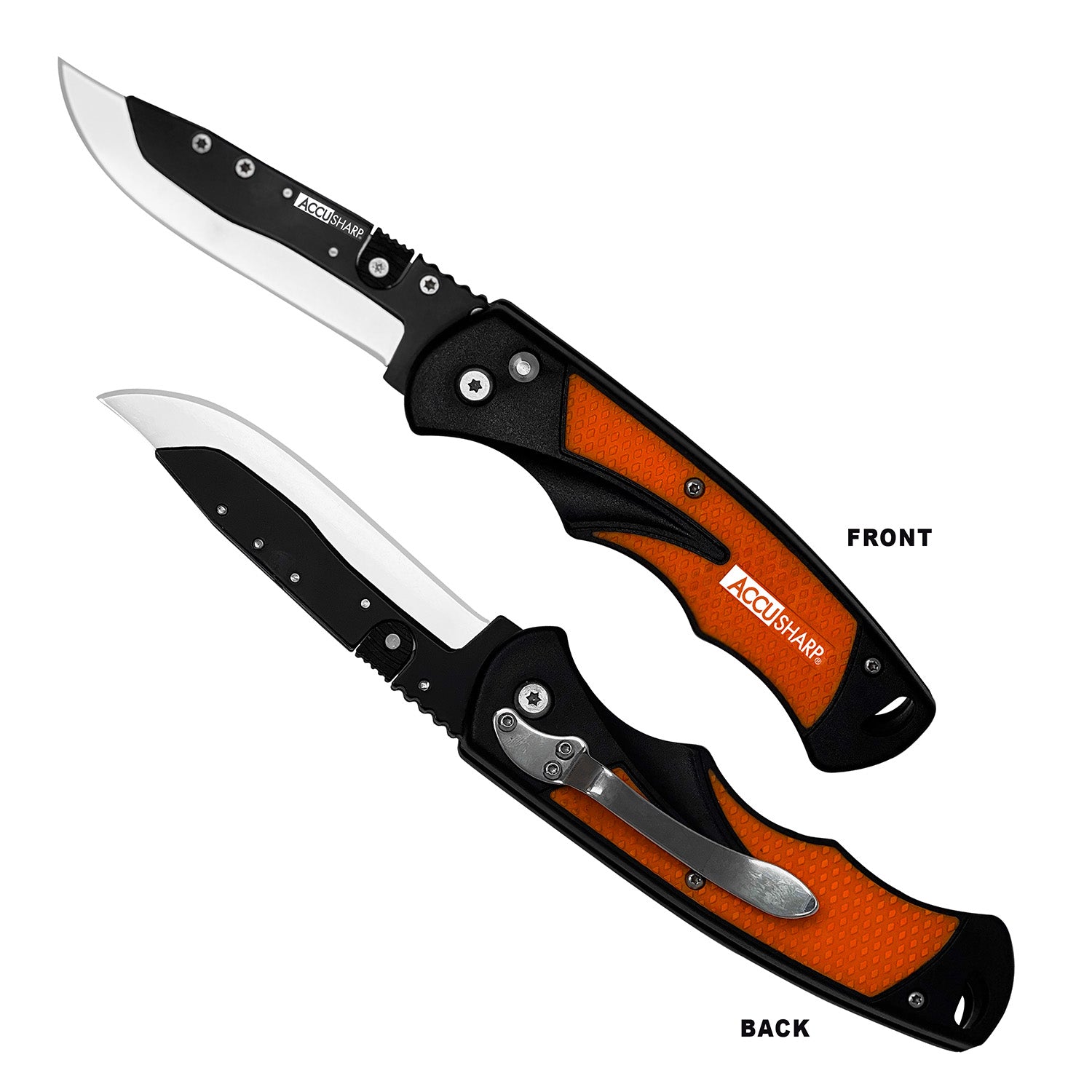 AccuSharp 741C Replaceable Blade Razor Folding Knife 3.50" - Blaze Orange Anodized Aluminum Handle with 2 Extra Blades & Belt Clip