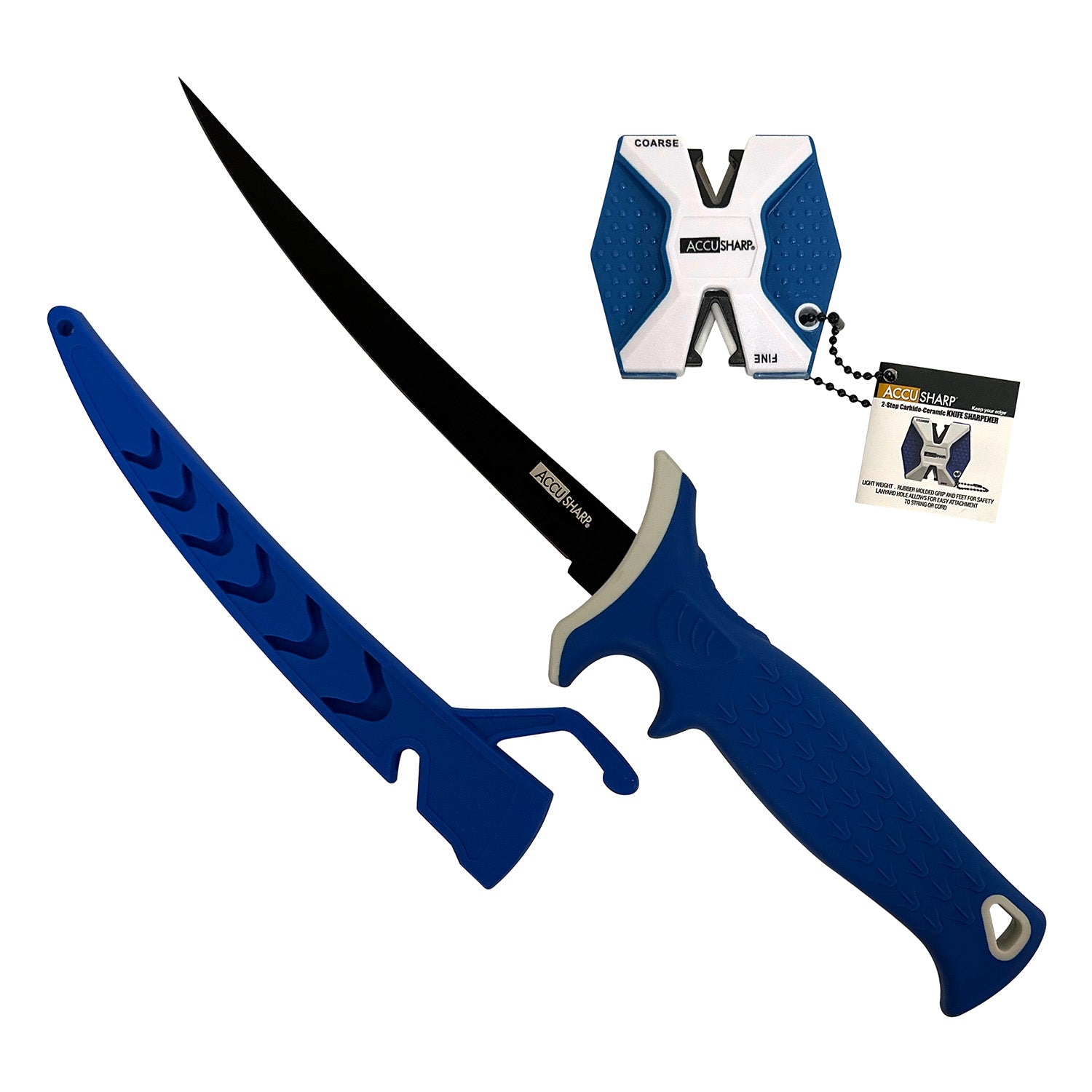 AccuSharp 736C 6.50" Fixed Fillet Knife Titanium-Coated Satin Stainless Blade - Royal Blue Anti-Slip Handle with 2-Step Sharpener