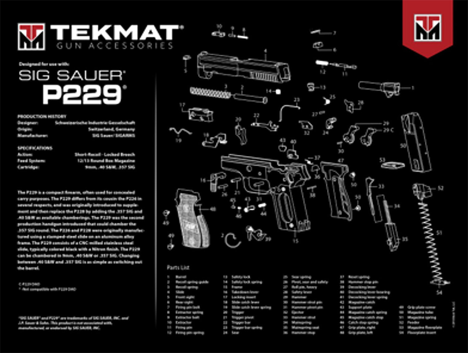 TekMat Sig Sauer P229 Ultra 20 Cleaning Mat Multi-Color Rubber 15"x20" with Parts Diagram