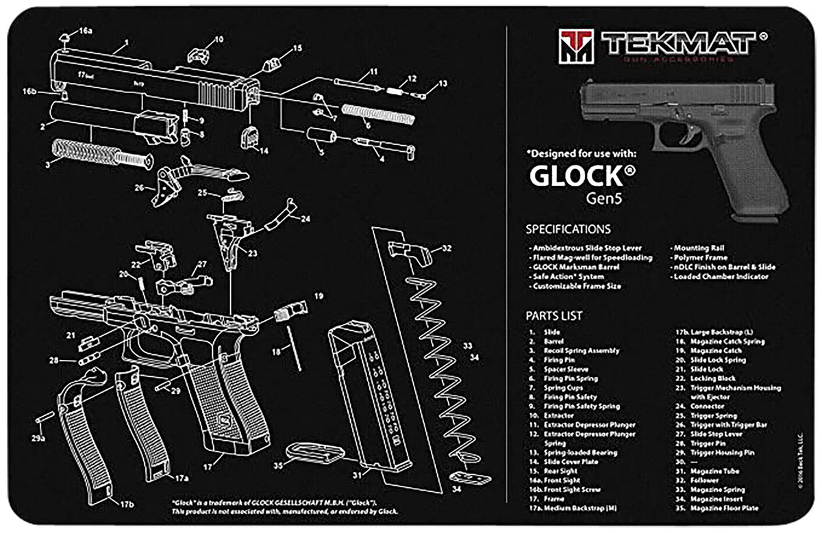 TekMat Glock Gen 5 Ultra 20 Cleaning Mat Multi-Color Rubber 15"x20" with Parts Diagram
