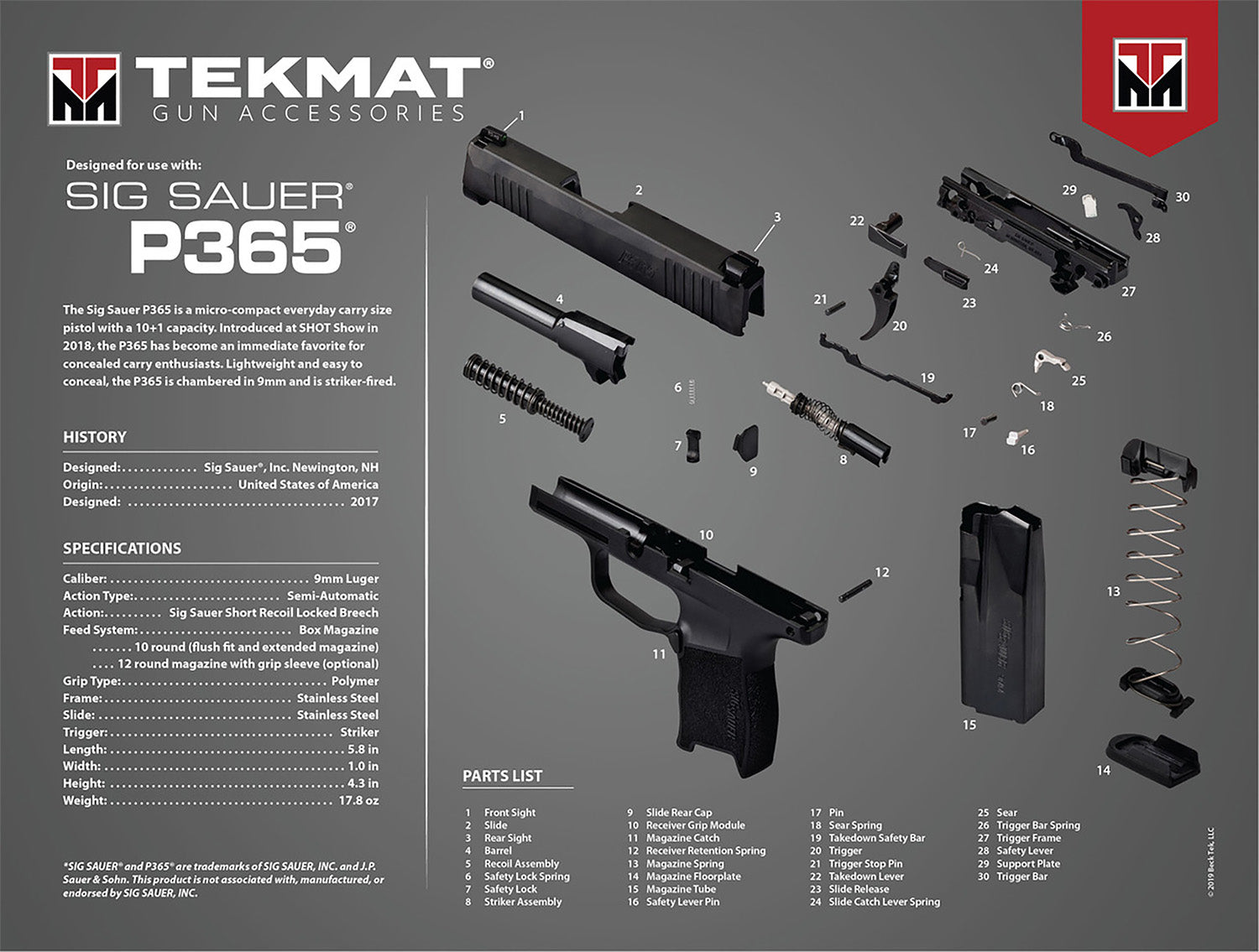 TekMat Sig P365 Ultra 20 Cleaning Mat Multi-Color Rubber 15"x20" with Parts Diagram