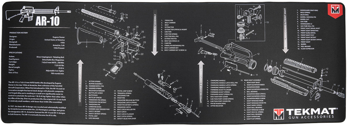 TekMat AR-10 Cleaning Mat Black/White Rubber 15"x44" with Parts Diagram
