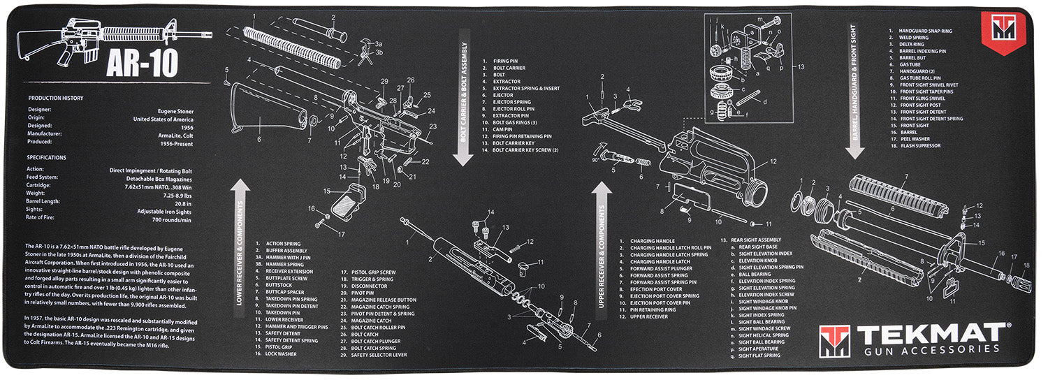 TekMat AR-10 Cleaning Mat Black/White Rubber 15"x44" with Parts Diagram
