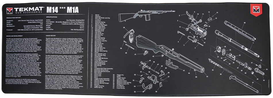 TekMat M14 M1A Cleaning Mat Black/White Rubber 15"x44" with Parts Diagram