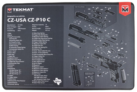TekMat CZ P-10C Gun Cleaning Mat Black/Gray Rubber 11"x17" with Parts Diagram
