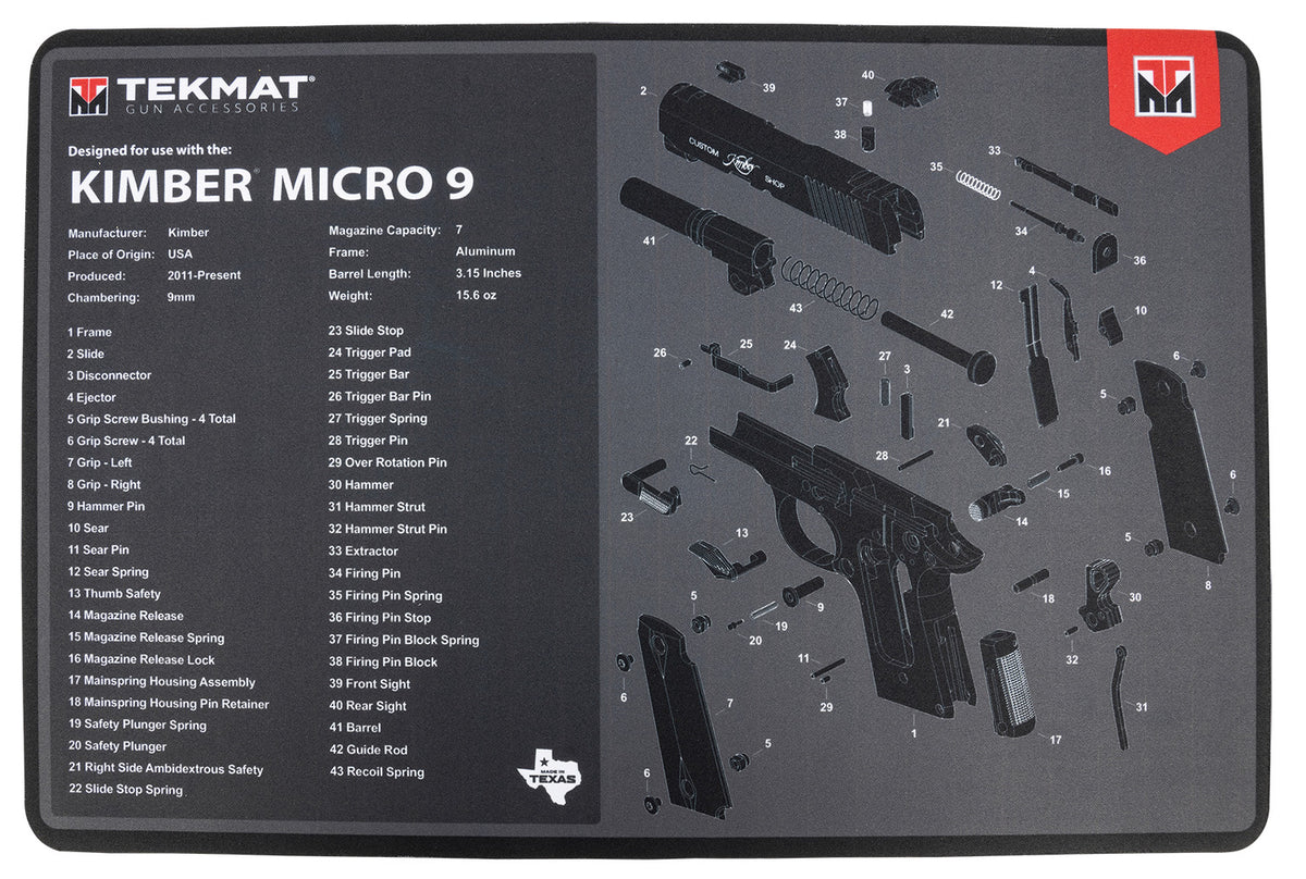 TekMat Kimber Micro 9 Gun Cleaning Mat Black/Gray Rubber 11"x17" with Parts Diagram