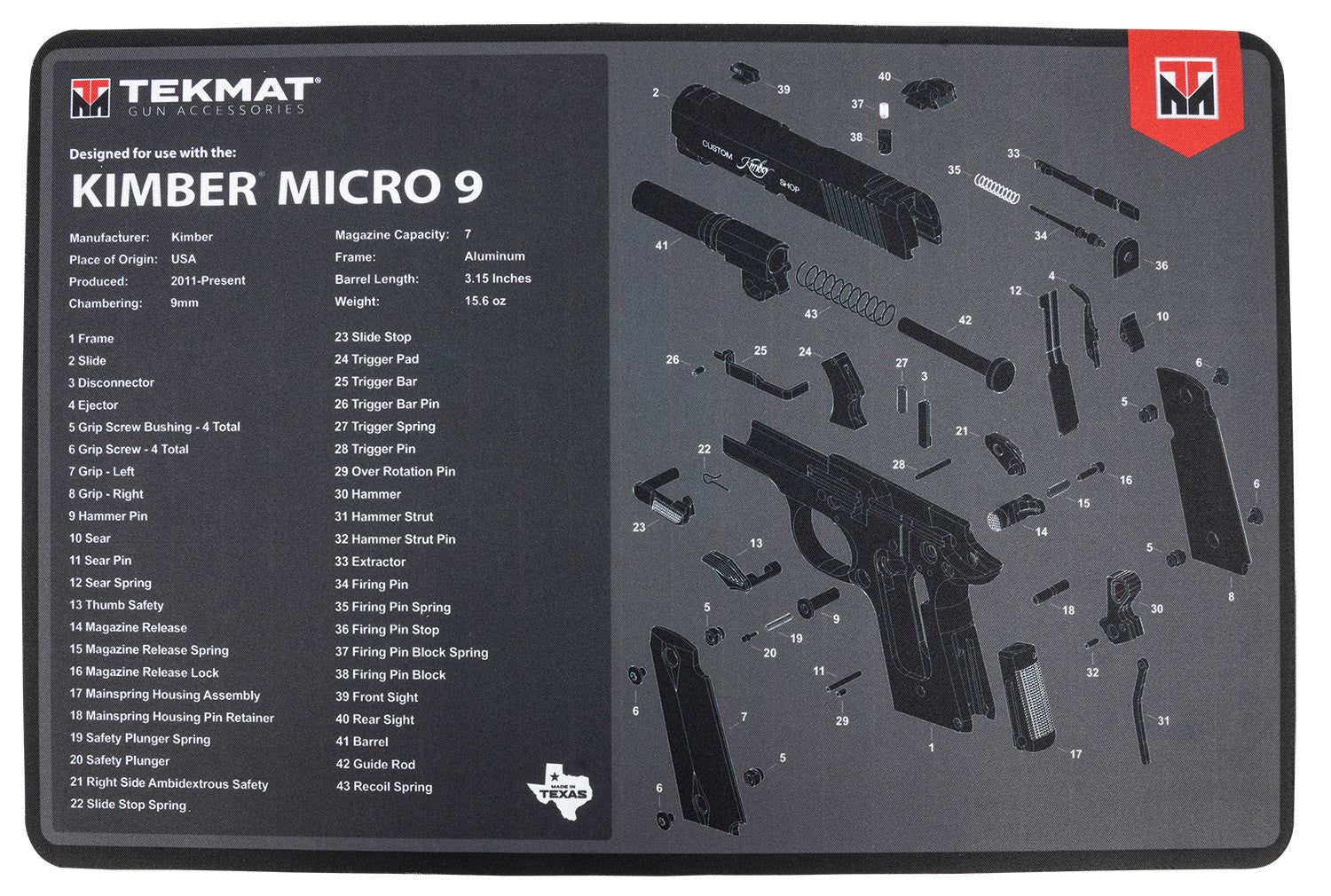 TekMat Kimber Micro 9 Gun Cleaning Mat Black/Gray Rubber 11"x17" with Parts Diagram