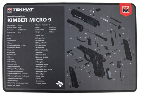 TekMat Kimber Micro 9 Gun Cleaning Mat Black/Gray Rubber 11"x17" with Parts Diagram