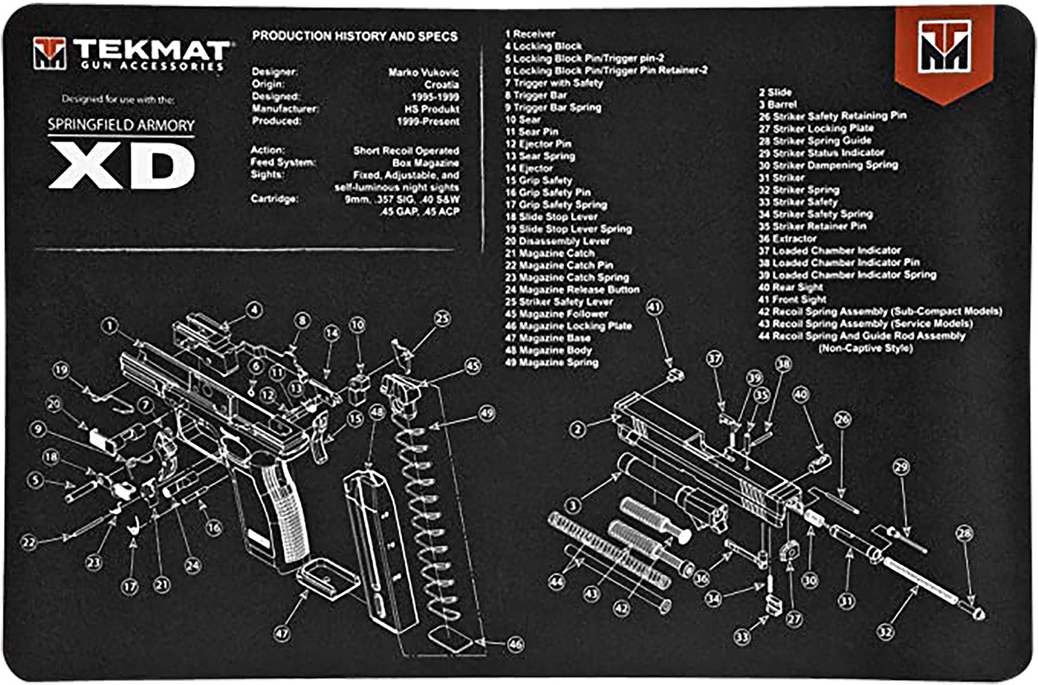 TekMat Springfield Armory XD Gun Cleaning Mat Black/White Rubber 11"x17" with Parts Diagram