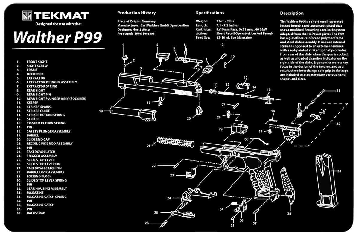 TekMat Walther P99 Gun Cleaning Mat Black/White Rubber 11"x17" with Parts Diagram