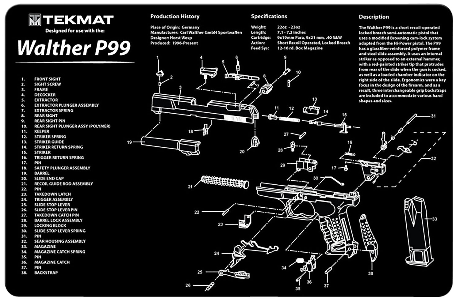 TekMat Walther P99 Gun Cleaning Mat Black/White Rubber 11"x17" with Parts Diagram