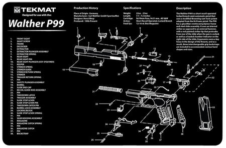 TekMat Walther P99 Gun Cleaning Mat Black/White Rubber 11"x17" with Parts Diagram