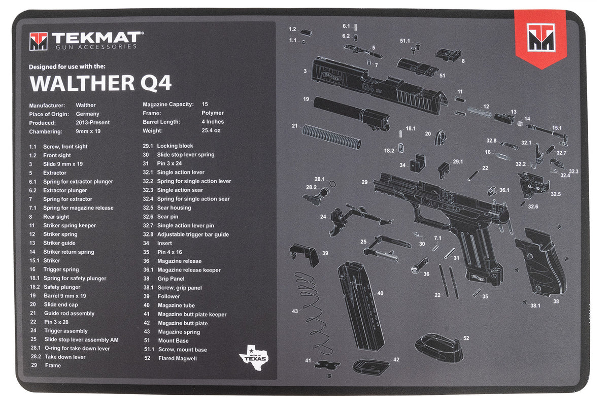 TekMat Walther Q4 SF Gun Cleaning Mat Black/Gray Rubber 11"x17" with Parts Diagram