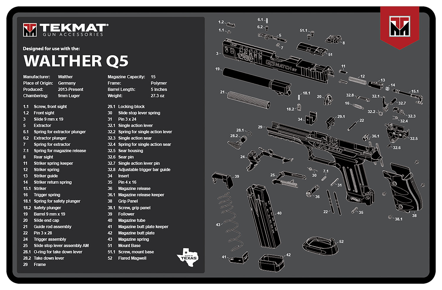 TekMat Walther Q5 SF Gun Cleaning Mat Black/Gray Rubber 11"x17" with Parts Diagram
