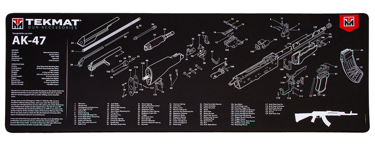 TekMat AK-47 Gun Cleaning Mat Black/White Rubber 12"x36" with Parts Diagram