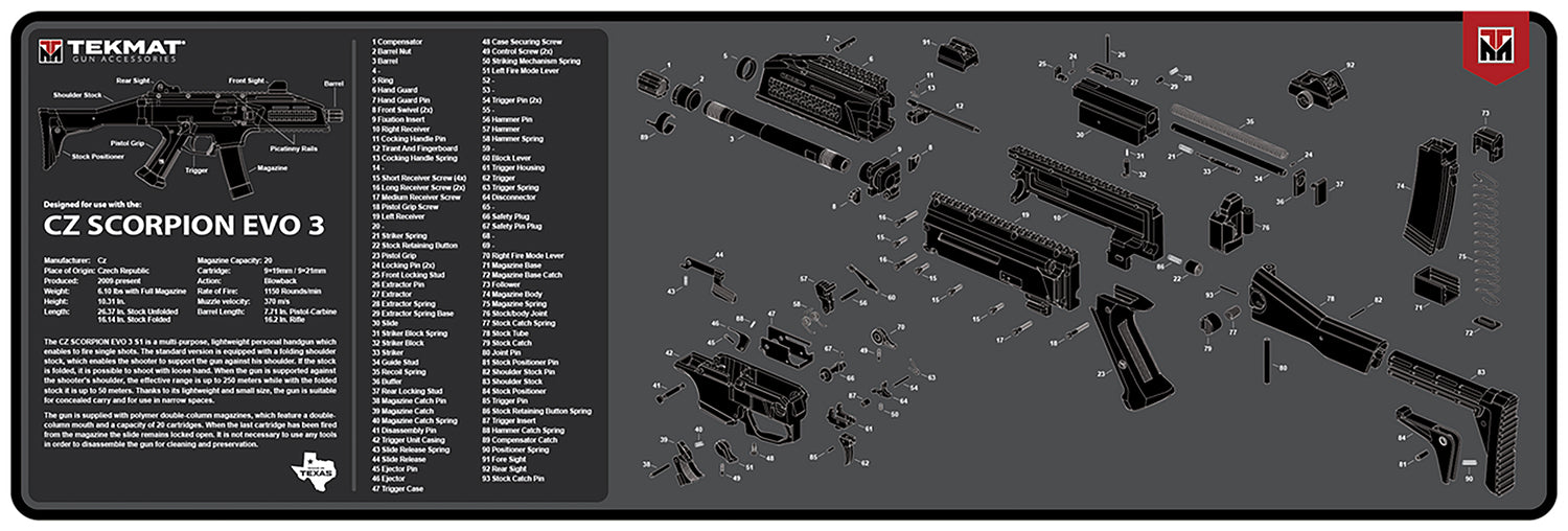 TekMat CZ Scorpion EVO 3 Gun Cleaning Mat Black/Gray Rubber 12"x36" with Parts Diagram
