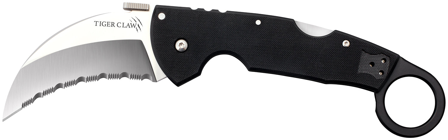 Cold Steel CS22KFS Tiger Claw 3.5" Folding Hawkbill Serrated Stonewashed S35VN Blade Black G10 Handle with Belt Clip