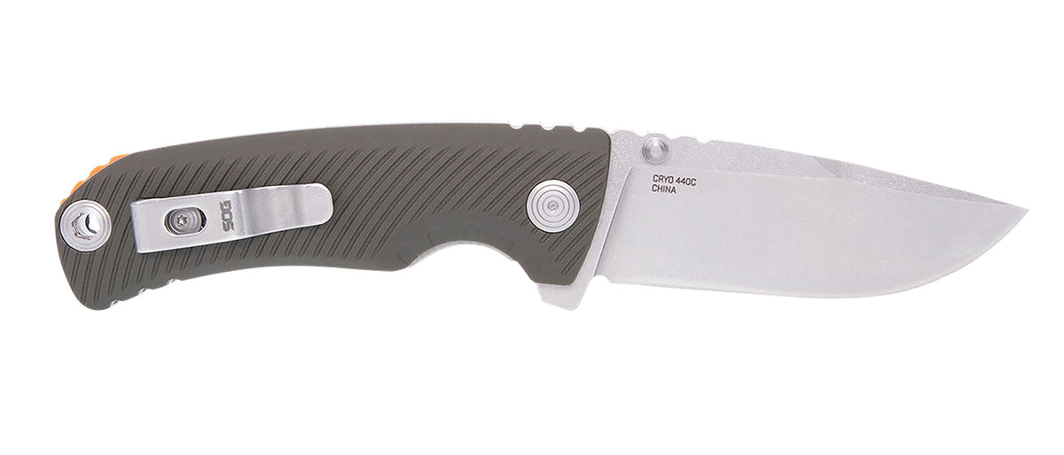 S.O.G Tellus ATK 3.50" Assisted Opening Folding Knife Clip Point Stonewashed Cryo 440C Blade Olive Drab GRN Handle with Belt Clip