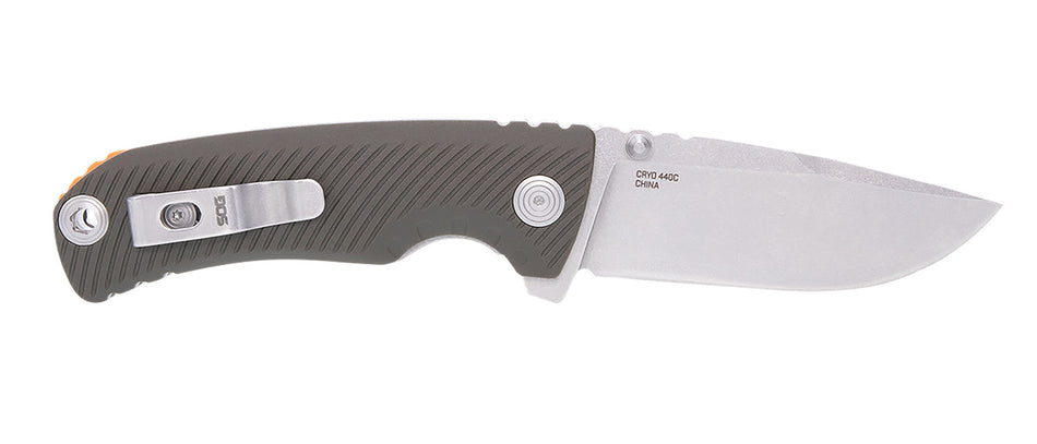S.O.G Tellus ATK 3.50" Assisted Opening Folding Knife Clip Point Stonewashed Cryo 440C Blade Olive Drab GRN Handle with Belt Clip