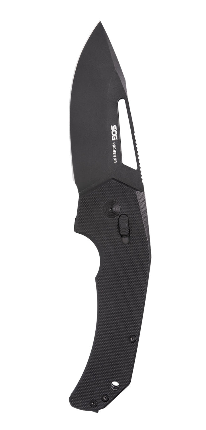 S.O.G Prohen XR 3.35" Folding Drop Point Knife Plain Black TiNi Cryo D2 Steel Blade Black Textured G10 Handle XR Lock