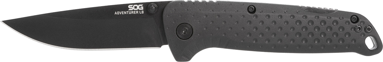 S.O.G Adventure LB 3.50" Folding Lockback Knife Drop Point Plain Black TiNi 5Cr15MoV Blade Black GRN Handle with Pocket Clip