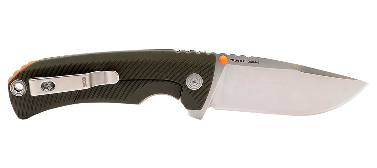S.O.G Tellus FLK 3.65" Framelock Folding Knife Clip Point Plain Stonewashed Cryo 440C SS Blade Olive Drab GRN Handle