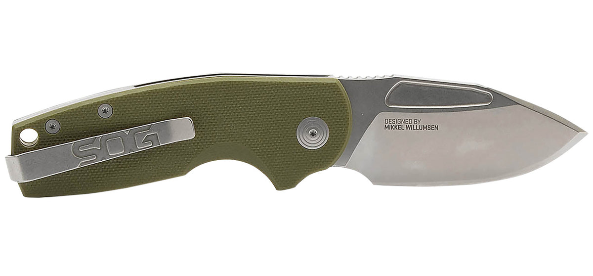 S.O.G Stout SJ 2.60" Slip Joint Folding Knife Clip Point Plain Stonewashed Cryo D2 Steel Blade Olive Drab G10 Handle