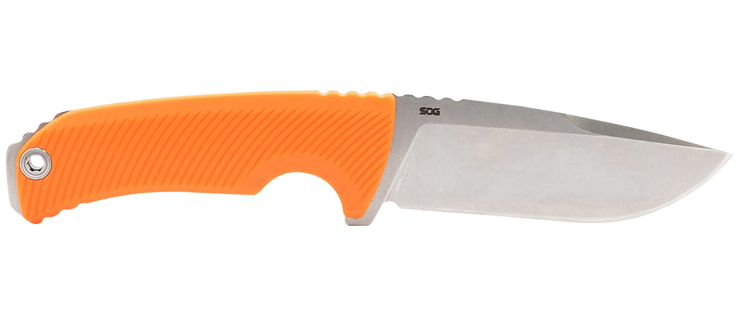 S.O.G Tellus FX 4.20" Fixed Blade Knife Clip Point Plain Stonewashed Cryo 440C SS Blade Blaze Orange GRN Handle with Sheath
