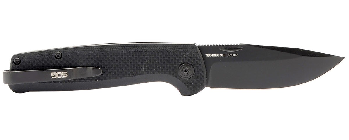 S.O.G Terminus SJ 2.90" Slip Joint Folding Knife Clip Point Plain Stonewashed Cryo D2 Blade Blackout G10 Handle with Belt Clip