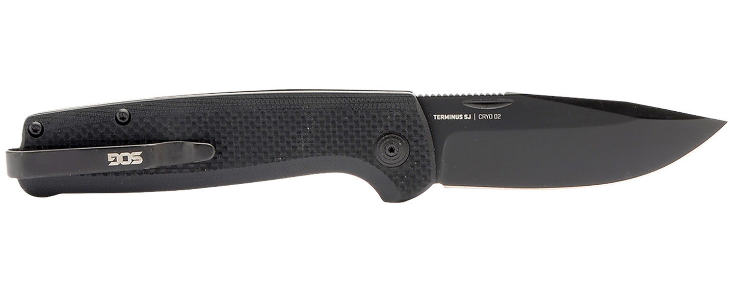 S.O.G Terminus SJ 2.90" Slip Joint Folding Knife Clip Point Plain Stonewashed Cryo D2 Blade Blackout G10 Handle with Belt Clip