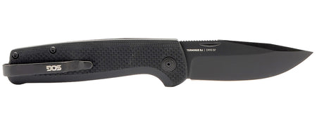 S.O.G Terminus SJ 2.90" Slip Joint Folding Knife Clip Point Plain Stonewashed Cryo D2 Blade Blackout G10 Handle with Belt Clip