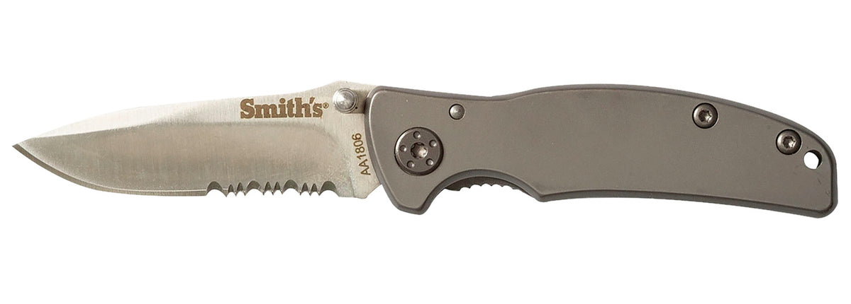 Smiths Titania I 2.20" Folding Drop Point Part Serrated Satin Titanium Coated SS Blade Stainless Steel Handle with Pocket Clip