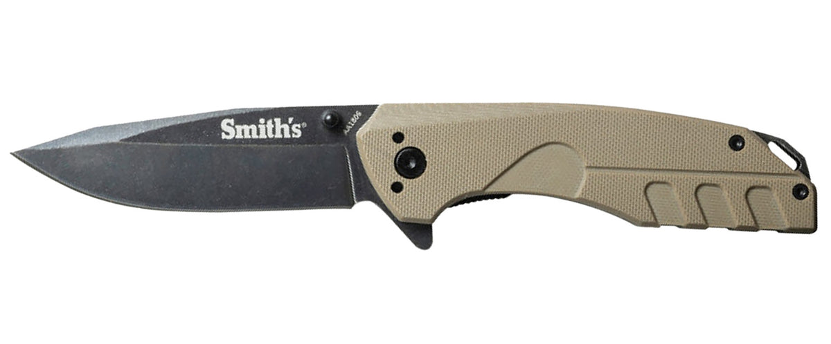 Smiths Products 50995 BattlePlan 3.35" Folding Drop Point Black Stonewashed 400 SS Blade Desert Tan G10 Handle
