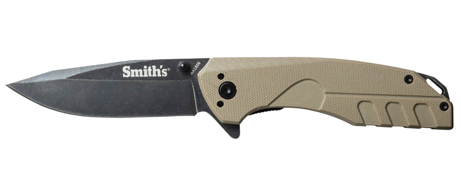 Smiths Products 50995 BattlePlan 3.35" Folding Drop Point Black Stonewashed 400 SS Blade Desert Tan G10 Handle