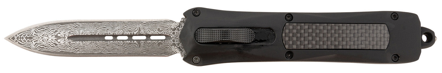 Steel River Knives A163BDD Spartan 3.50" OTF Dagger Plain Damascus 440C SS Blade Black Carbon Fiber Inlay Aluminum Zinc Alloy Handle