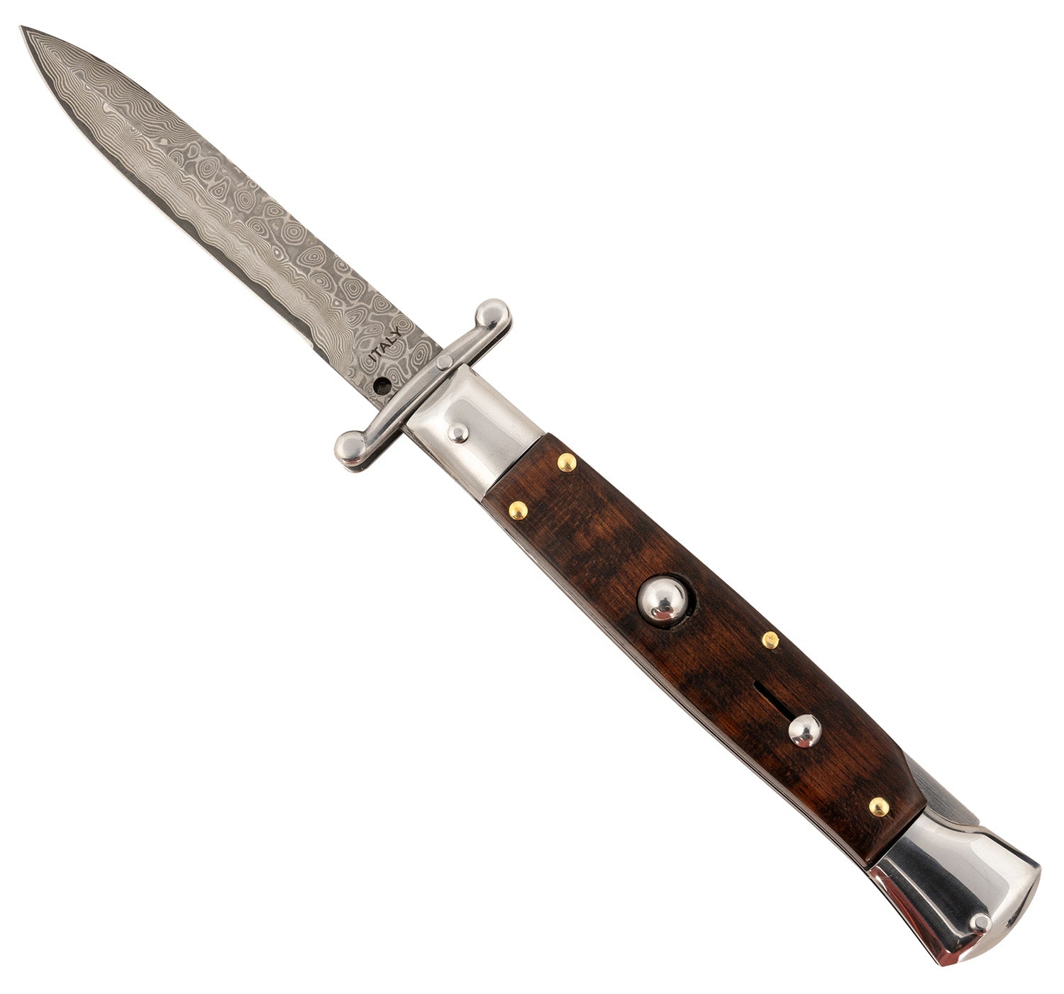 Steel River Knives SGSWRDAM Spartan 3.9" Italian Bayonet Damascus Blade 5.1" Snakewood Buffalo Horn Handle Side Open