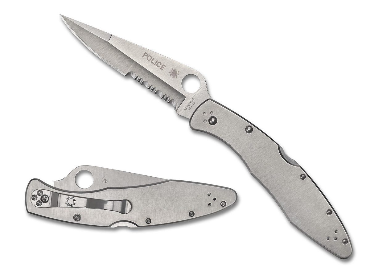 Spyderco C07PS Police Model 4.13" Folding Knife with Plain Satin VG-10 SS Blade and Satin Stainless Steel Handle