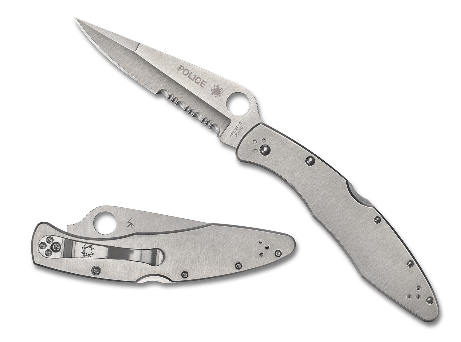 Spyderco C07PS Police Model 4.13" Folding Knife with Plain Satin VG-10 SS Blade and Satin Stainless Steel Handle