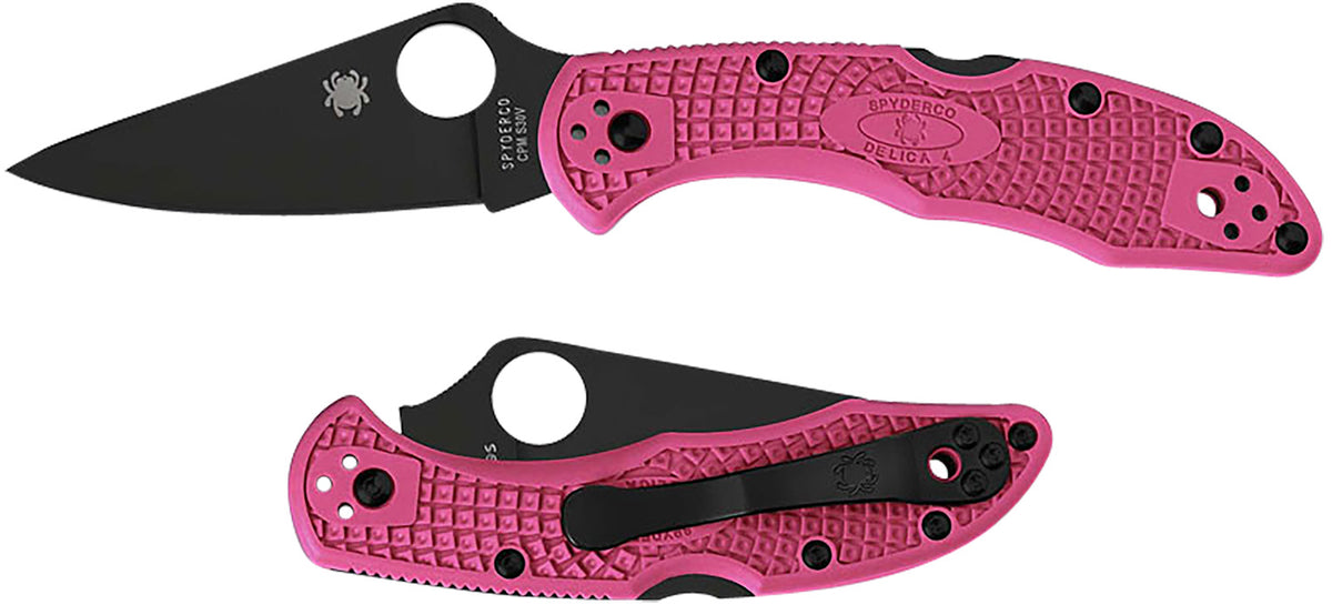 Spyderco C11FPPNS30VBK Delica 4 Lightweight 2.90" Folding Knife Plain Black TiCN S30V Blade Pink FRN Handle