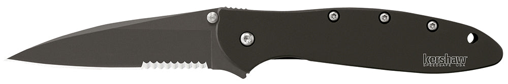 Kershaw 1660CKTST Leek 3" Folding Modified Drop Point Part Serrated Black DLC 14C28N Blade, Black DLC 410 SS Handle with Pocket Clip
