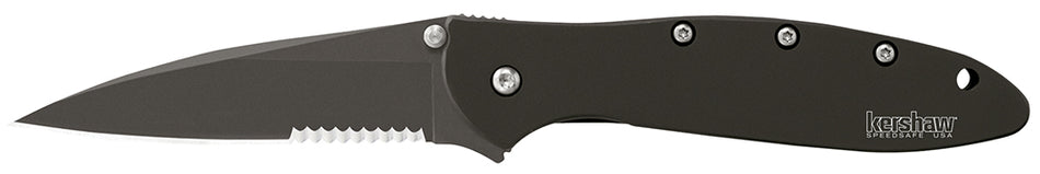 Kershaw 1660CKTST Leek 3" Folding Modified Drop Point Part Serrated Black DLC 14C28N Blade, Black DLC 410 SS Handle with Pocket Clip