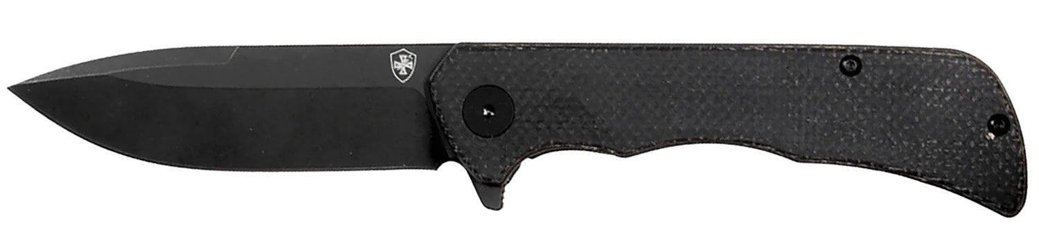 Templar Knife PFMBK321 Paladin Folding Drop Point 3.27" Black Powder Coated D2 Steel Blade, Black Micarta Handle